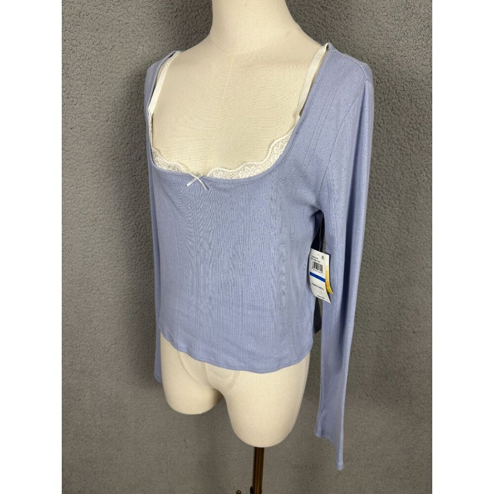 Sugar Moon Juniors' Womens Layered-Look Pointelle Knit Top Blue Size Large NWT's - Picture 4 of 8